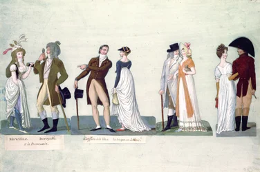 Fol.50 Merveilleuse...Incroyable wandelend; Coiffure a la Titus...Tocque in de Jockey stijl (gouache)
